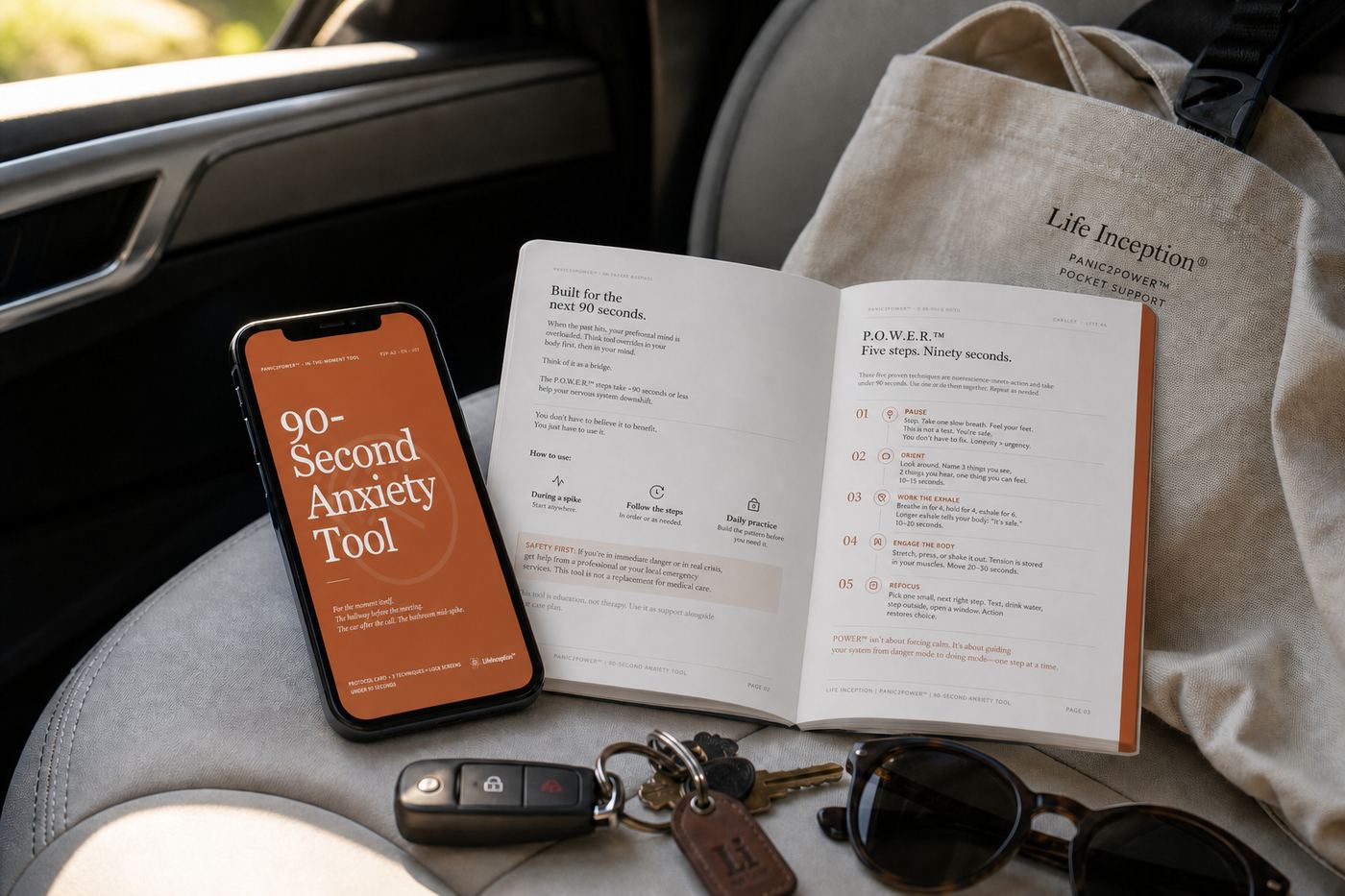 The 90-Second Anxiety Tool wallet card and phone version, both showing the five P.O.W.E.R. steps